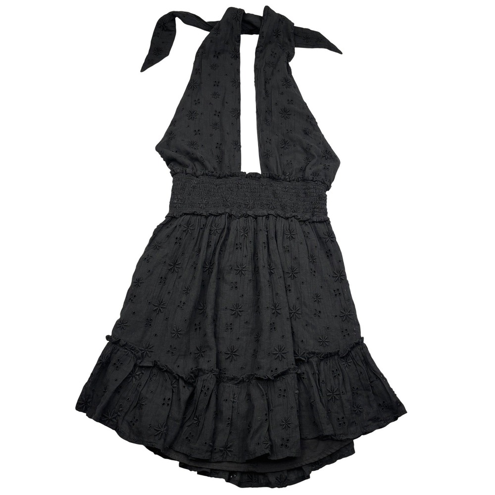 Aerie Black Eyelet Embroidered Halter Mini Dress Smocked Waist XS Tiered Skort
